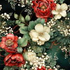 christmas florals, red flowers, cream flowers, white pearls, dark background, botanical pattern, peony blooms, elegant floral,, fabric panel, holiday fabric, festive florals, pearl accents, green foliage, coral beads, luxurious design, winter blooms, seasonal fabric, decorative pearls, floral arrangement