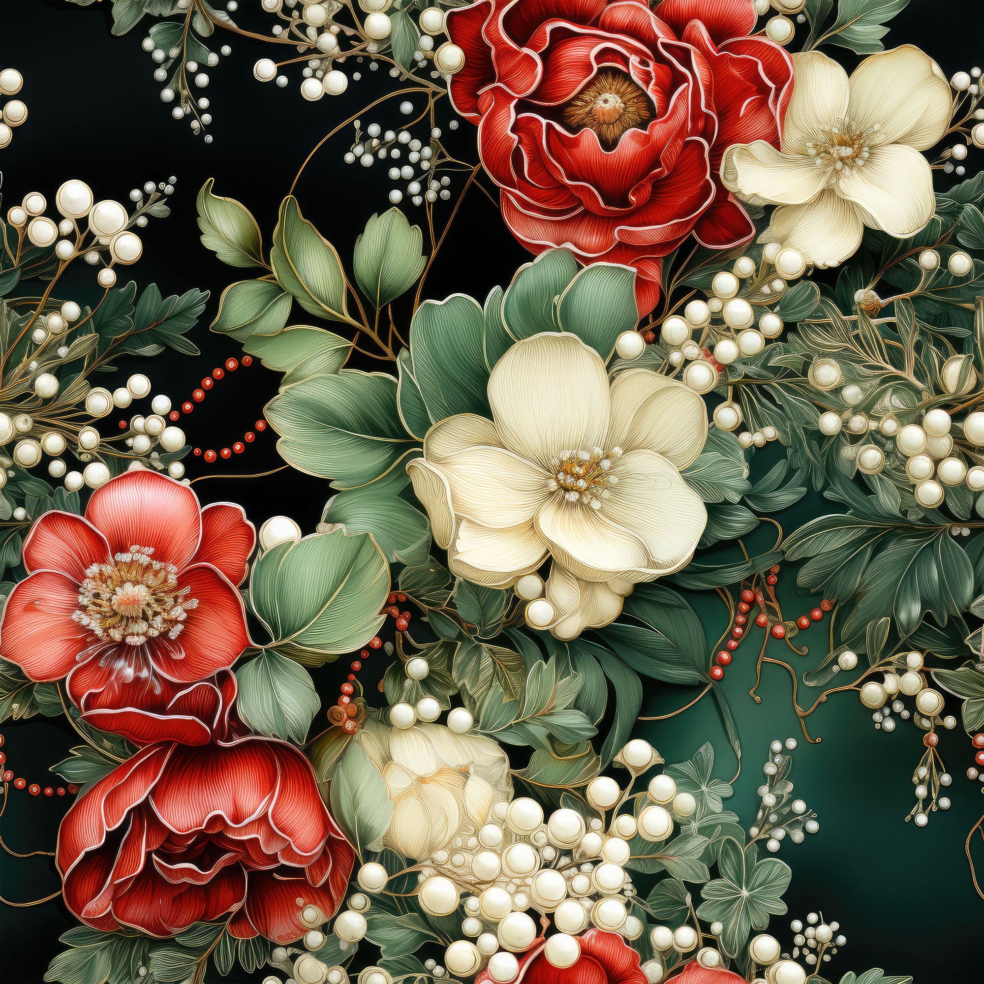 christmas florals, red flowers, cream flowers, white pearls, dark background, botanical pattern, peony blooms, elegant floral,, fabric panel, holiday fabric, festive florals, pearl accents, green foliage, coral beads, luxurious design, winter blooms, seasonal fabric, decorative pearls, floral arrangement