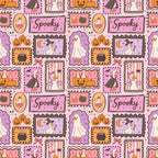 halloween, spooky, purple, pink, orange, brown, candy corn, pumpkins, ghosts, witches, potion bottles, cauldrons, bats, moons, stars, black cats, jack-o-lanterns, autumn, fall, seasonal, festive, whimsical, playful, kids, children, trick-or-treat, costume party, haunted, magical, vintage halloween