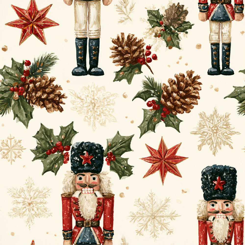 nutcracker, christmas, holiday, traditional, vintage, whimsical, festive, cream, red, navy blue, forest green, gold, snowflakes, pine cones, holly berries, stars, soldiers, beards, winter, seasonal, elegant, classic, nostalgic, children's, kids room, playroom, nursery, decorative, timeless, european