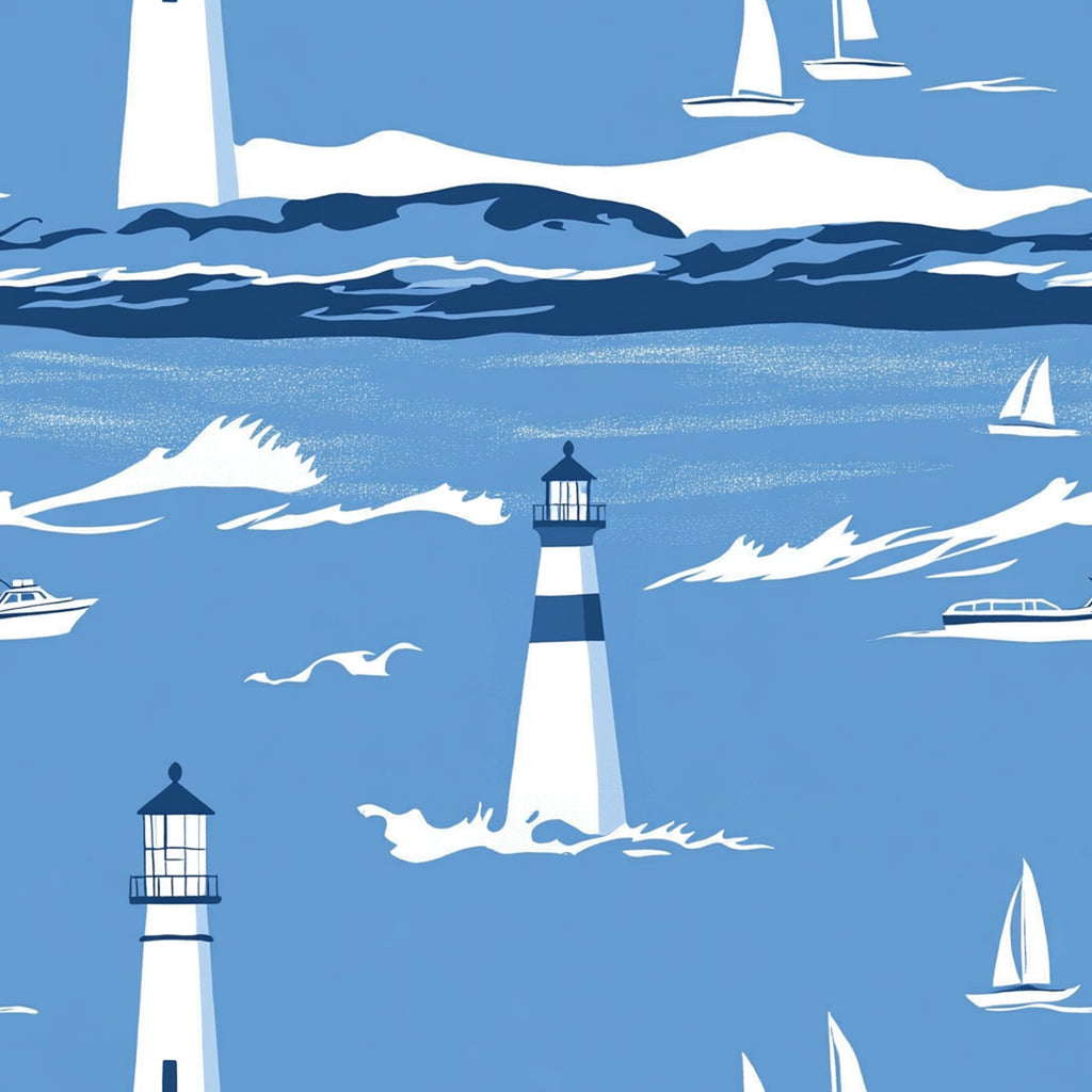 blue, white, navy, lighthouse, sailboats, ocean waves, seagulls, maritime, nautical theme, coastal scene, boats, water, sea,, fabric panel, repeating pattern, sailing, marine life, beach theme, summer motif
