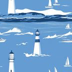 blue, white, navy, lighthouse, sailboats, ocean waves, seagulls, maritime, nautical theme, coastal scene, boats, water, sea,, fabric panel, repeating pattern, sailing, marine life, beach theme, summer motif