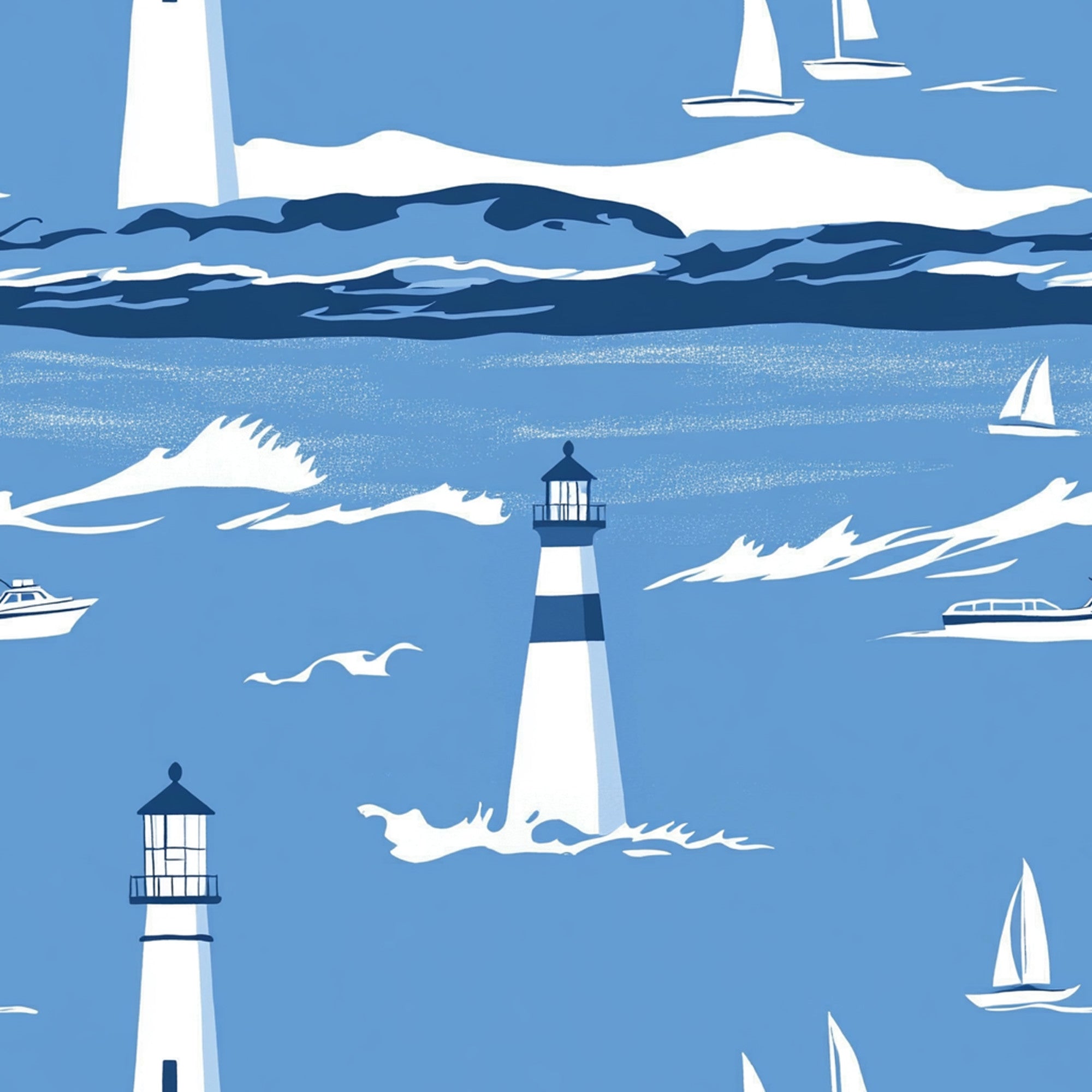 blue, white, navy, lighthouse, sailboats, ocean waves, seagulls, maritime, nautical theme, coastal scene, boats, water, sea,, fabric panel, repeating pattern, sailing, marine life, beach theme, summer motif