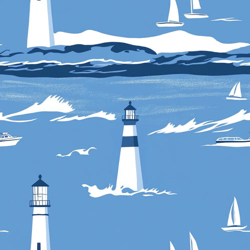 blue, white, navy, lighthouse, sailboats, ocean waves, seagulls, maritime, nautical theme, coastal scene, boats, water, sea,, fabric panel, repeating pattern, sailing, marine life, beach theme, summer motif