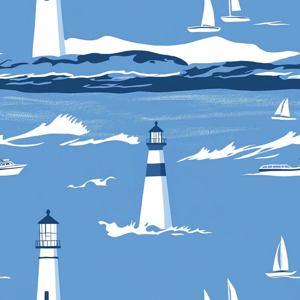 blue, white, navy, lighthouse, sailboats, ocean waves, seagulls, maritime, nautical theme, coastal scene, boats, water, sea,, fabric panel, repeating pattern, sailing, marine life, beach theme, summer motif
