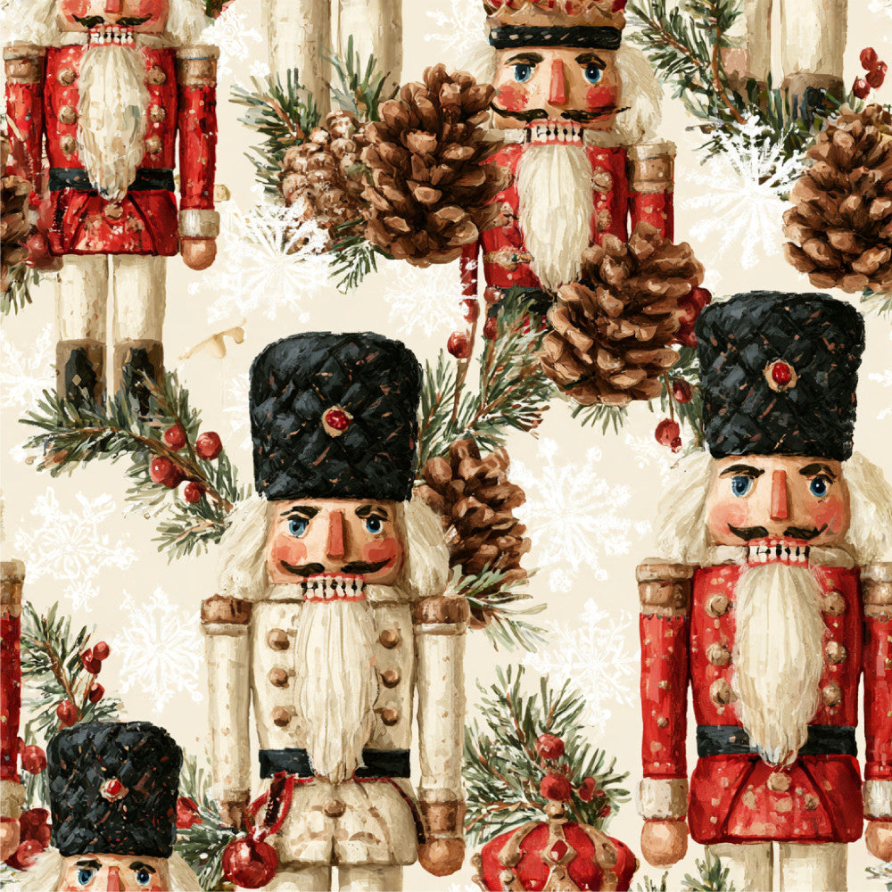 nutcracker, christmas, holiday, festive, traditional, vintage, whimsical, cream, red, black, gold, green, pinecones, evergreen, berries, beards, toy soldiers, wooden, nostalgic, winter, seasonal, children's, kids, playroom, nursery, classic, elegant, decorative, timeless, festive decor