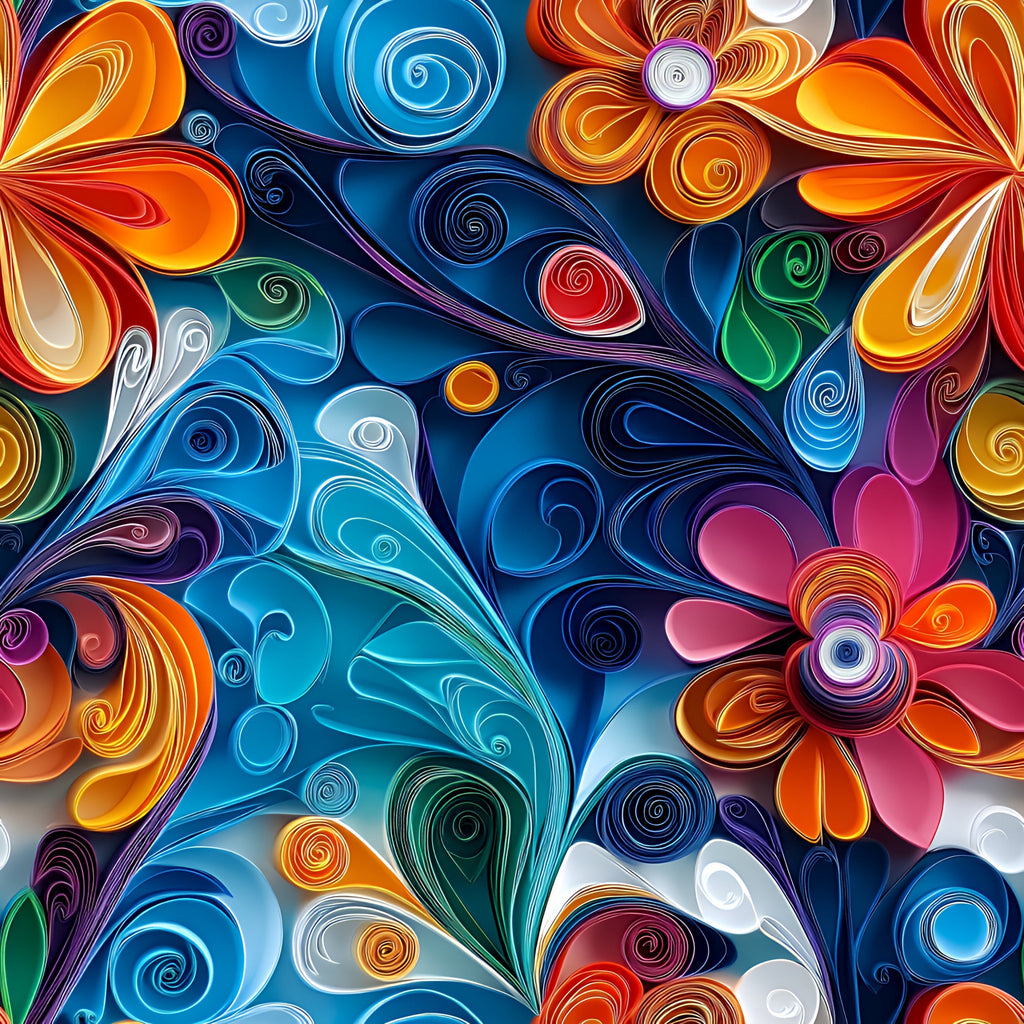 abstract art, paper quilling, swirls, spirals, vibrant blue, orange, red, purple, green, white, floral motifs, dimensional effect, rolled paper design,, fabric panel, colorful pattern, artistic swirls, decorative spirals, modern art style, intricate design, layered texture