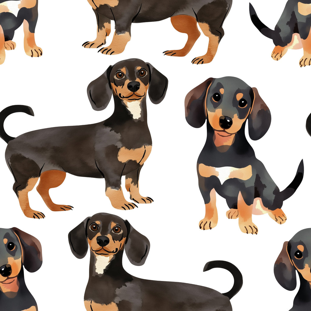 Dapper Dachshunds Pattern 1 minky fabric with playful watercolor dachshunds in black, tan, brown, orange and white