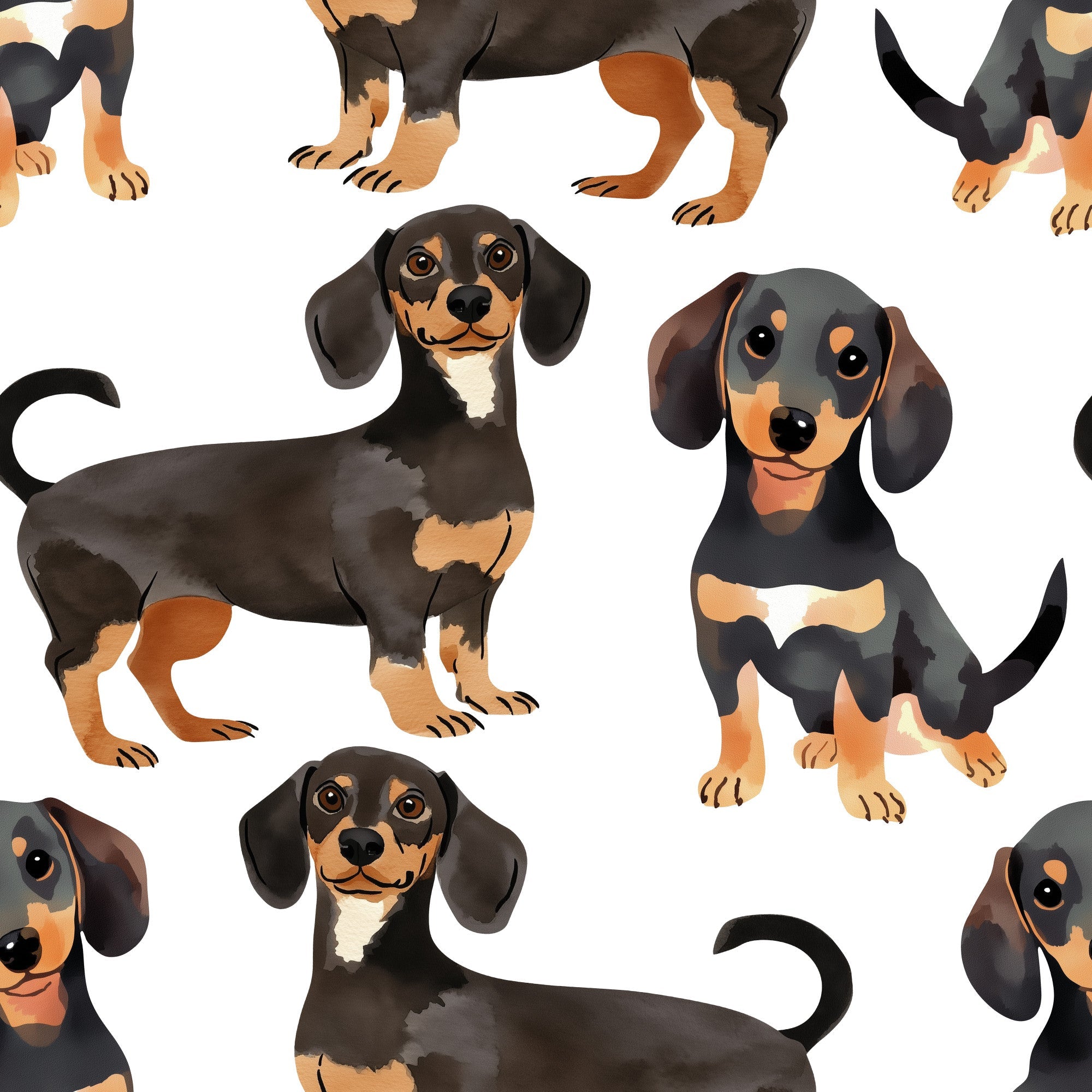 watercolor, dachshund, sausage dog, black, tan, brown, orange, white, repeating pattern, dog illustration, pet motif, cute puppies, long ears, wiener dog,, fabric panel, playful design, animal print, soft colors, artistic style