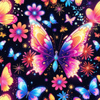 fantasy butterflies, vibrant pink, electric blue, golden yellow, purple gradient, neon colors, magical wings, floral elements, starbursts, sparkles, glowing effects, whimsical design, dreamy atmosphere,, fabric panel, luminous butterflies, cosmic flowers, enchanted garden, iridescent wings, fantasy art style