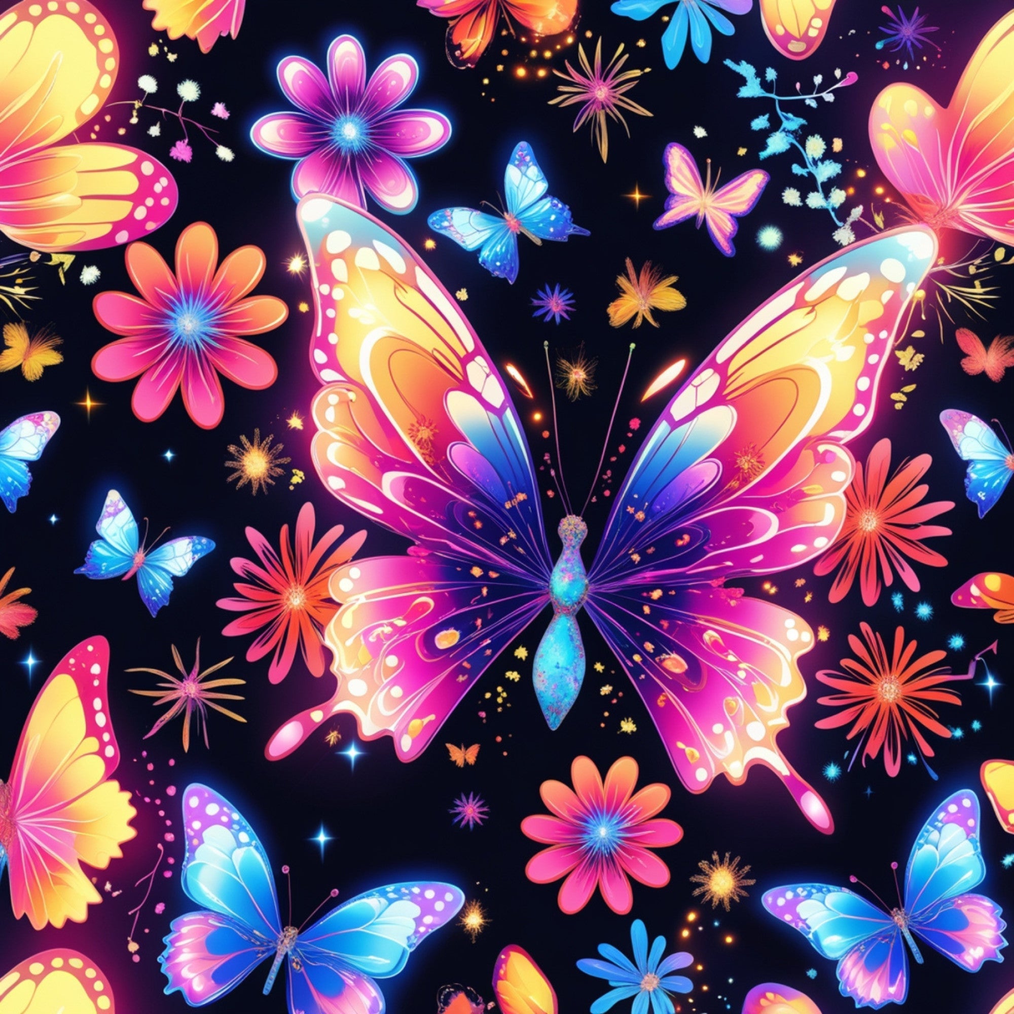 fantasy butterflies, vibrant pink, electric blue, golden yellow, purple gradient, neon colors, magical wings, floral elements, starbursts, sparkles, glowing effects, whimsical design, dreamy atmosphere,, fabric panel, luminous butterflies, cosmic flowers, enchanted garden, iridescent wings, fantasy art style