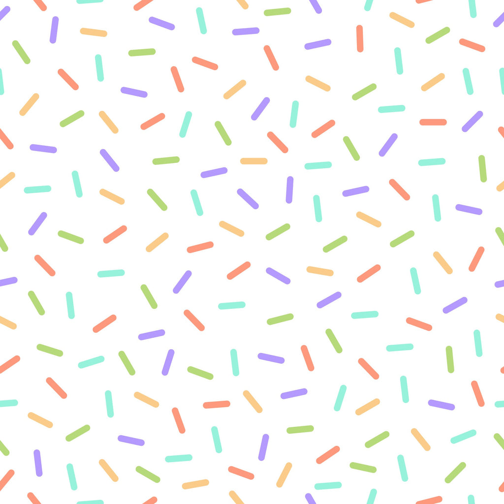 rainbow sprinkles, colorful confetti, pastel colors, purple, mint green, coral pink, yellow, lime green, scattered pattern, random placement, candy sprinkles, dessert theme, sweet treats, playful design, whimsical style,, fabric panel, bakery motif, celebration theme, cheerful mood