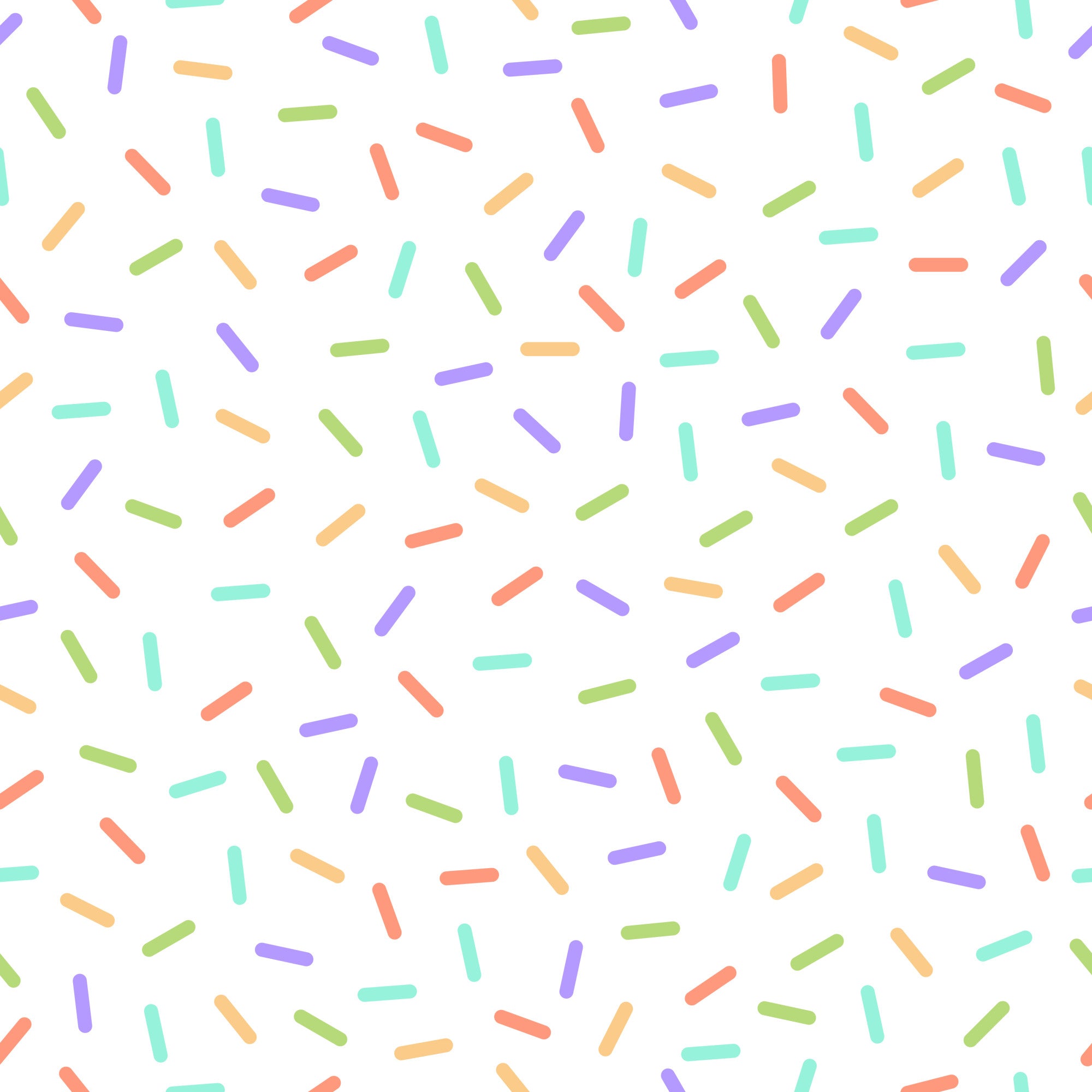 rainbow sprinkles, colorful confetti, pastel colors, purple, mint green, coral pink, yellow, lime green, scattered pattern, random placement, candy sprinkles, dessert theme, sweet treats, playful design, whimsical style,, fabric panel, bakery motif, celebration theme, cheerful mood