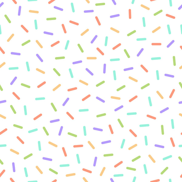 rainbow sprinkles, colorful confetti, pastel colors, purple, mint green, coral pink, yellow, lime green, scattered pattern, random placement, candy sprinkles, dessert theme, sweet treats, playful design, whimsical style,, fabric panel, bakery motif, celebration theme, cheerful mood
