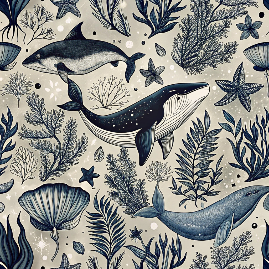 beige background, navy blue, whales, sea creatures, starfish, seaweed, coral, marine life, ocean pattern,, fabric panel, underwater scene, nautical theme, sea plants, aquatic animals, botanical elements, scattered bubbles, hand-drawn style, repeating pattern, coastal design