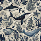 beige background, navy blue, whales, sea creatures, starfish, seaweed, coral, marine life, ocean pattern,, fabric panel, underwater scene, nautical theme, sea plants, aquatic animals, botanical elements, scattered bubbles, hand-drawn style, repeating pattern, coastal design