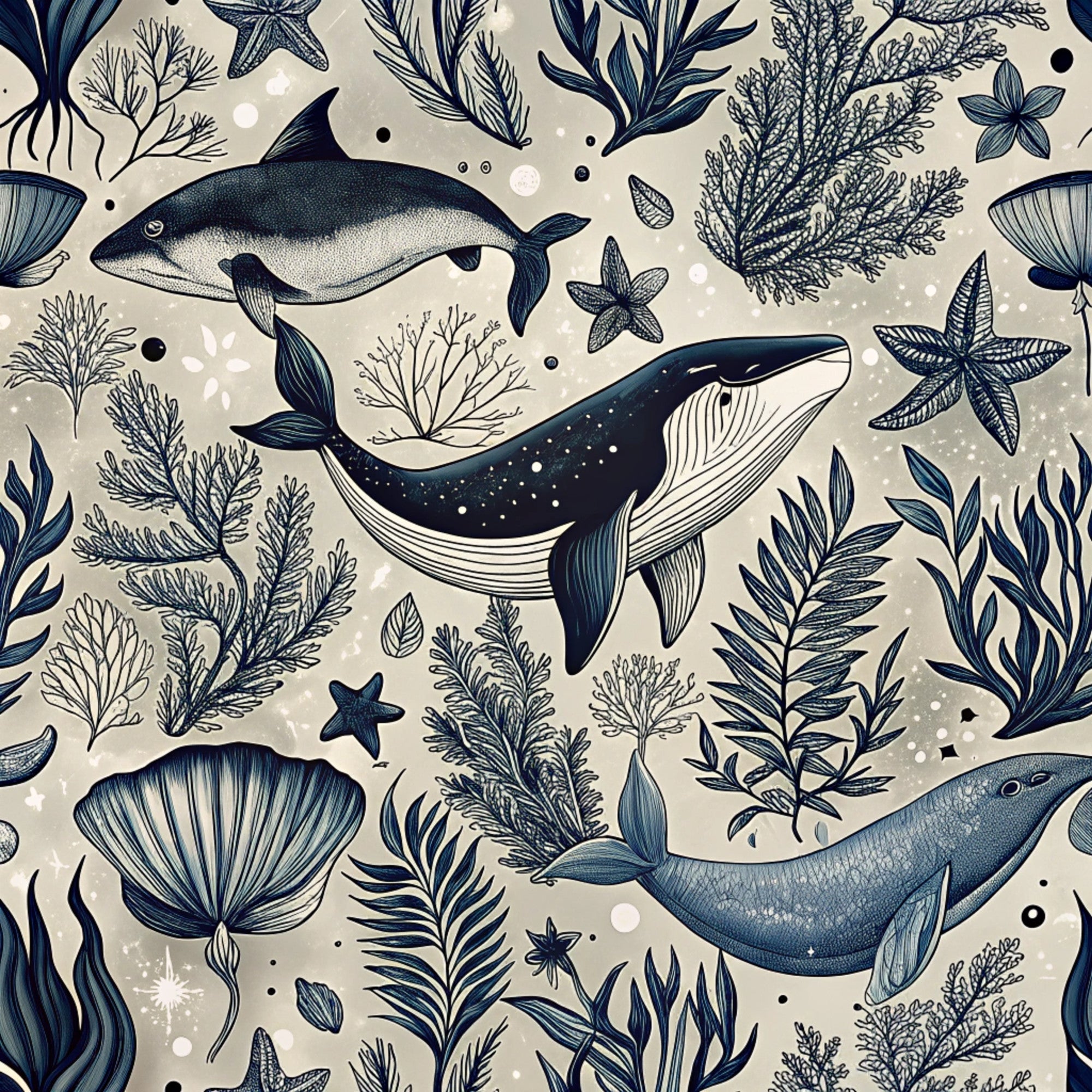 beige background, navy blue, whales, sea creatures, starfish, seaweed, coral, marine life, ocean pattern,, fabric panel, underwater scene, nautical theme, sea plants, aquatic animals, botanical elements, scattered bubbles, hand-drawn style, repeating pattern, coastal design