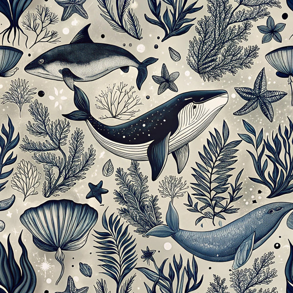 beige background, navy blue, whales, sea creatures, starfish, seaweed, coral, marine life, ocean pattern,, fabric panel, underwater scene, nautical theme, sea plants, aquatic animals, botanical elements, scattered bubbles, hand-drawn style, repeating pattern, coastal design