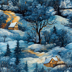 winter scene, snow-covered landscape, cozy cabins, evergreen trees, falling snow, navy blue, golden yellow, cream white, twilight sky,, fabric panel, winter wonderland, snowy hills, illuminated windows, bare trees, peaceful scene, cold season, cottage homes, serene atmosphere, dawn light