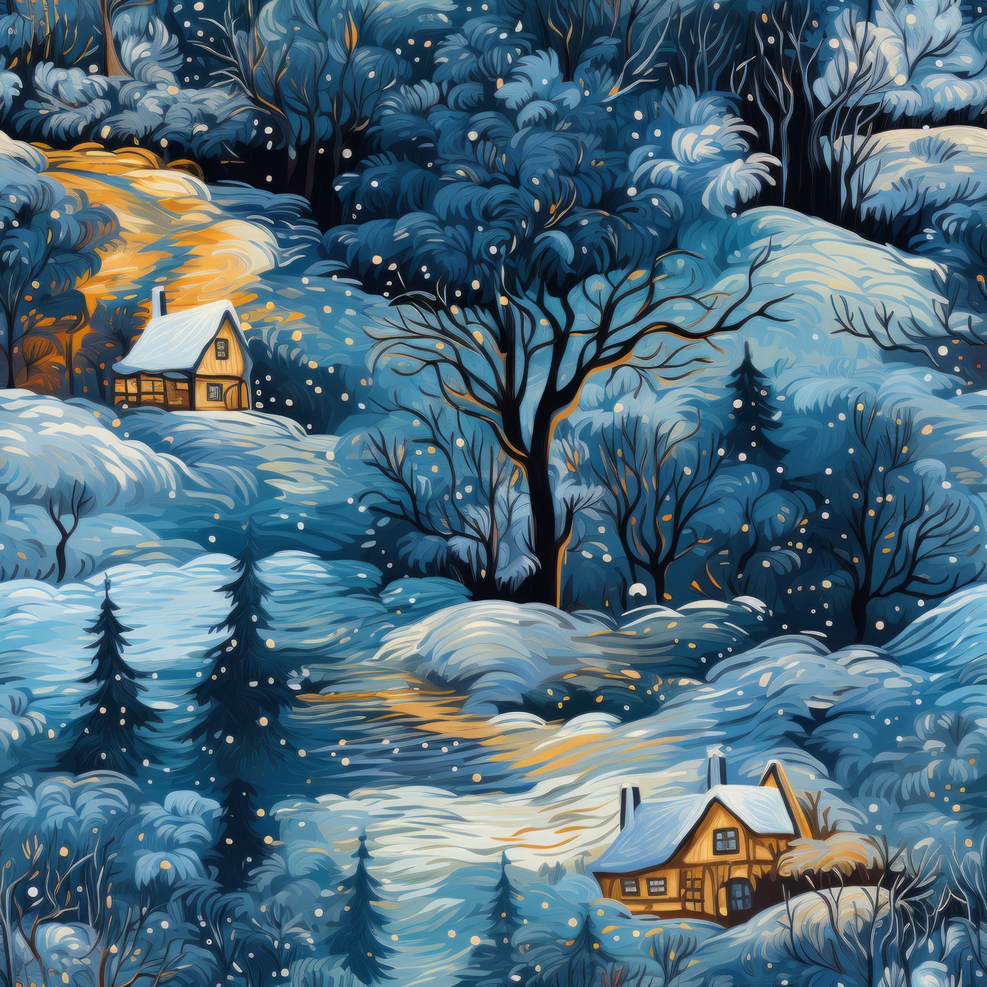 winter scene, snow-covered landscape, cozy cabins, evergreen trees, falling snow, navy blue, golden yellow, cream white, twilight sky,, fabric panel, winter wonderland, snowy hills, illuminated windows, bare trees, peaceful scene, cold season, cottage homes, serene atmosphere, dawn light