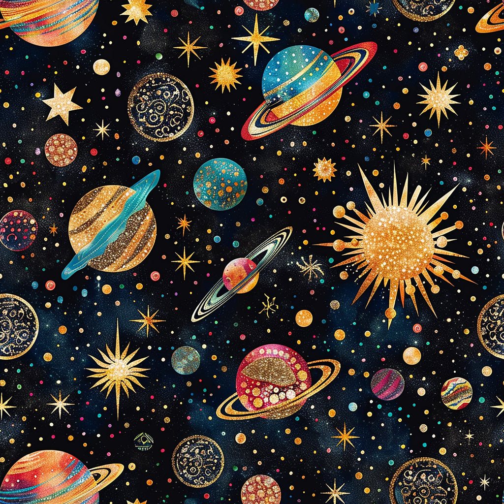 space theme, planets, stars, celestial bodies, solar system, cosmic pattern, navy blue, gold, teal, orange, red,, fabric panel, whimsical style, decorative rings, saturn-like planets, sun motifs, starbursts, colorful dots, galaxy design, astronomy theme, vibrant colors
