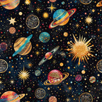 space theme, planets, stars, celestial bodies, solar system, cosmic pattern, navy blue, gold, teal, orange, red,, fabric panel, whimsical style, decorative rings, saturn-like planets, sun motifs, starbursts, colorful dots, galaxy design, astronomy theme, vibrant colors