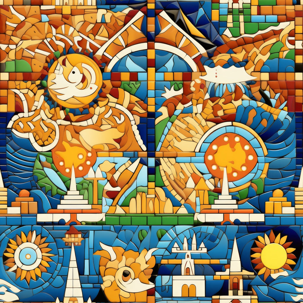 mosaic art, stained glass, geometric patterns, orange, blue, yellow, green, white, sun motifs, celestial designs, abstract figures,, fabric panel, colorful blocks, angular shapes, decorative elements, artistic composition, vibrant colors, contemporary style, craft fabric