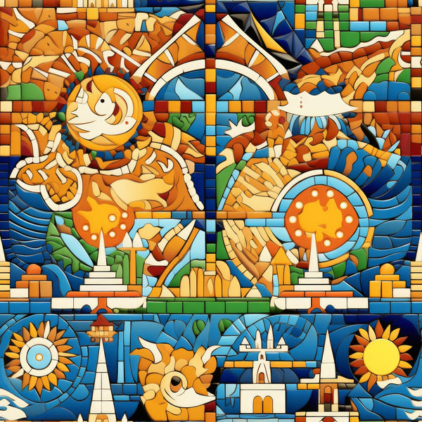 mosaic art, stained glass, geometric patterns, orange, blue, yellow, green, white, sun motifs, celestial designs, abstract figures,, fabric panel, colorful blocks, angular shapes, decorative elements, artistic composition, vibrant colors, contemporary style, craft fabric