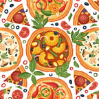 pizza pattern,, fabric panel, food illustration, italian cuisine, pepperoni pizza, pineapple pizza, mushroom pizza, basil leaves, tomato slices, olives, cheese, orange, red, green, yellow, white background, seamless repeat, culinary theme, kitchen motif