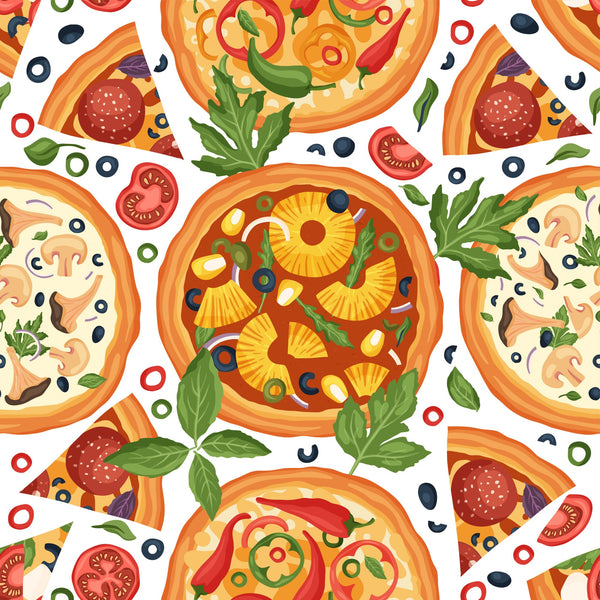 pizza pattern,, fabric panel, food illustration, italian cuisine, pepperoni pizza, pineapple pizza, mushroom pizza, basil leaves, tomato slices, olives, cheese, orange, red, green, yellow, white background, seamless repeat, culinary theme, kitchen motif