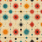 retro starburst, mid-century modern, atomic age, sunburst pattern, red orange teal, geometric design, radiating spikes, connected circles, vintage aesthetic,, fabric panel, 1950s style, atomic starburst, beige background, colorful bursts, linear connections, mod design, space age, decorative circles, retro colors