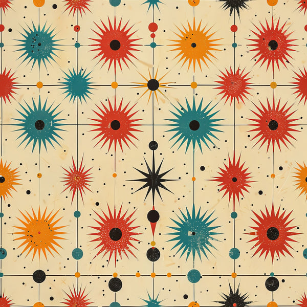 retro starburst, mid-century modern, atomic age, sunburst pattern, red orange teal, geometric design, radiating spikes, connected circles, vintage aesthetic,, fabric panel, 1950s style, atomic starburst, beige background, colorful bursts, linear connections, mod design, space age, decorative circles, retro colors