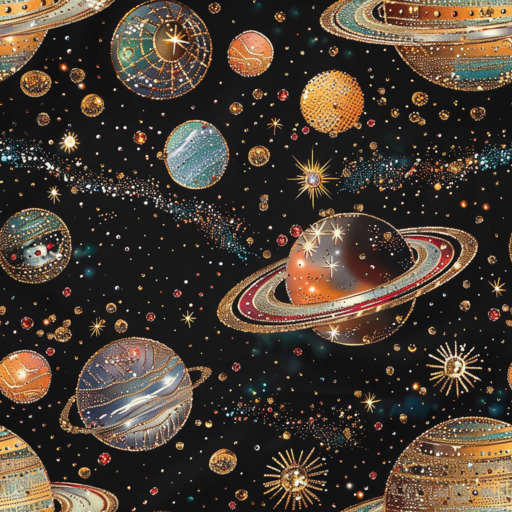 space theme, planets, stars, solar system, celestial bodies, rings, saturn-like planets, cosmic scene, black background, gold accents, teal, orange, burgundy, dotted patterns, starbursts, galaxy, astronomy,, fabric panel, universe motif, decorative dots, metallic highlights