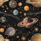 space theme, planets, stars, solar system, celestial bodies, rings, saturn-like planets, cosmic scene, black background, gold accents, teal, orange, burgundy, dotted patterns, starbursts, galaxy, astronomy,, fabric panel, universe motif, decorative dots, metallic highlights