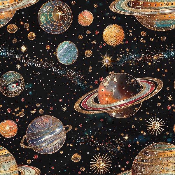 space theme, planets, stars, solar system, celestial bodies, rings, saturn-like planets, cosmic scene, black background, gold accents, teal, orange, burgundy, dotted patterns, starbursts, galaxy, astronomy,, fabric panel, universe motif, decorative dots, metallic highlights