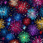 fireworks, night sky, celebration, vibrant colors, starburst pattern, red, blue, purple, yellow, orange, pink, green, white, dark navy background, sparkles, radiating lines, festive, fourth of july, new year,, fabric panel, explosive design, multicolored, bright, dazzling