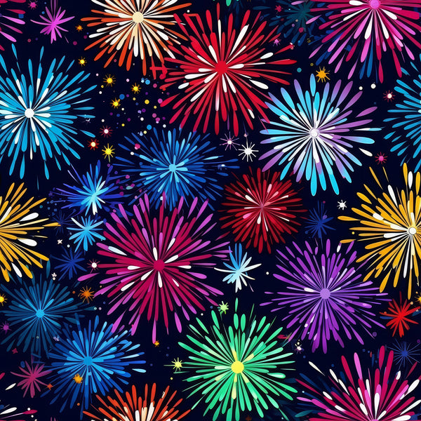 fireworks, night sky, celebration, vibrant colors, starburst pattern, red, blue, purple, yellow, orange, pink, green, white, dark navy background, sparkles, radiating lines, festive, fourth of july, new year,, fabric panel, explosive design, multicolored, bright, dazzling