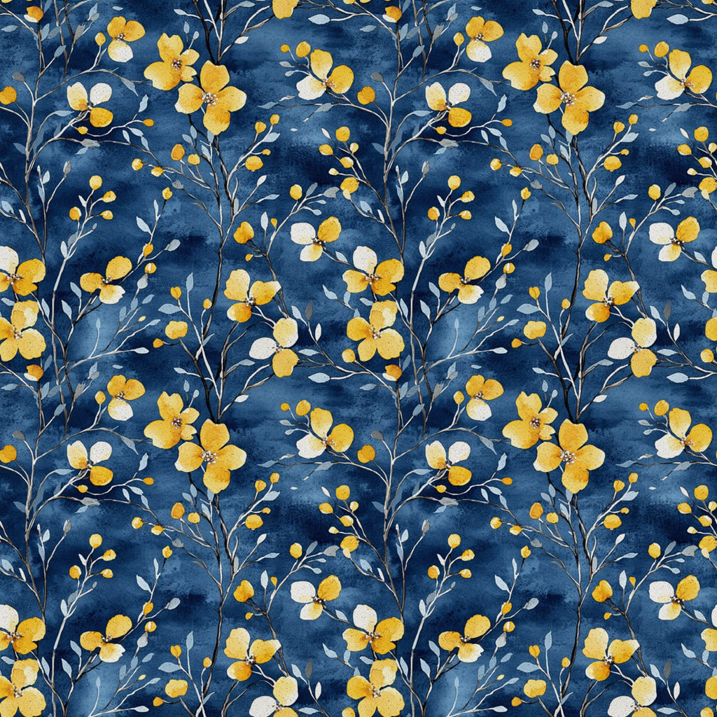 navy blue, golden yellow, cream white, watercolor florals, botanical pattern, delicate flowers, branching stems, small buds, flowing vines, repeating motif,, fabric panel, nature inspired, floral design, soft brushstrokes, elegant blooms, organic shapes, seamless pattern, crafting material, sewing fabric
