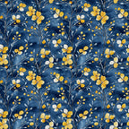 navy blue, golden yellow, cream white, watercolor florals, botanical pattern, delicate flowers, branching stems, small buds, flowing vines, repeating motif,, fabric panel, nature inspired, floral design, soft brushstrokes, elegant blooms, organic shapes, seamless pattern, crafting material, sewing fabric