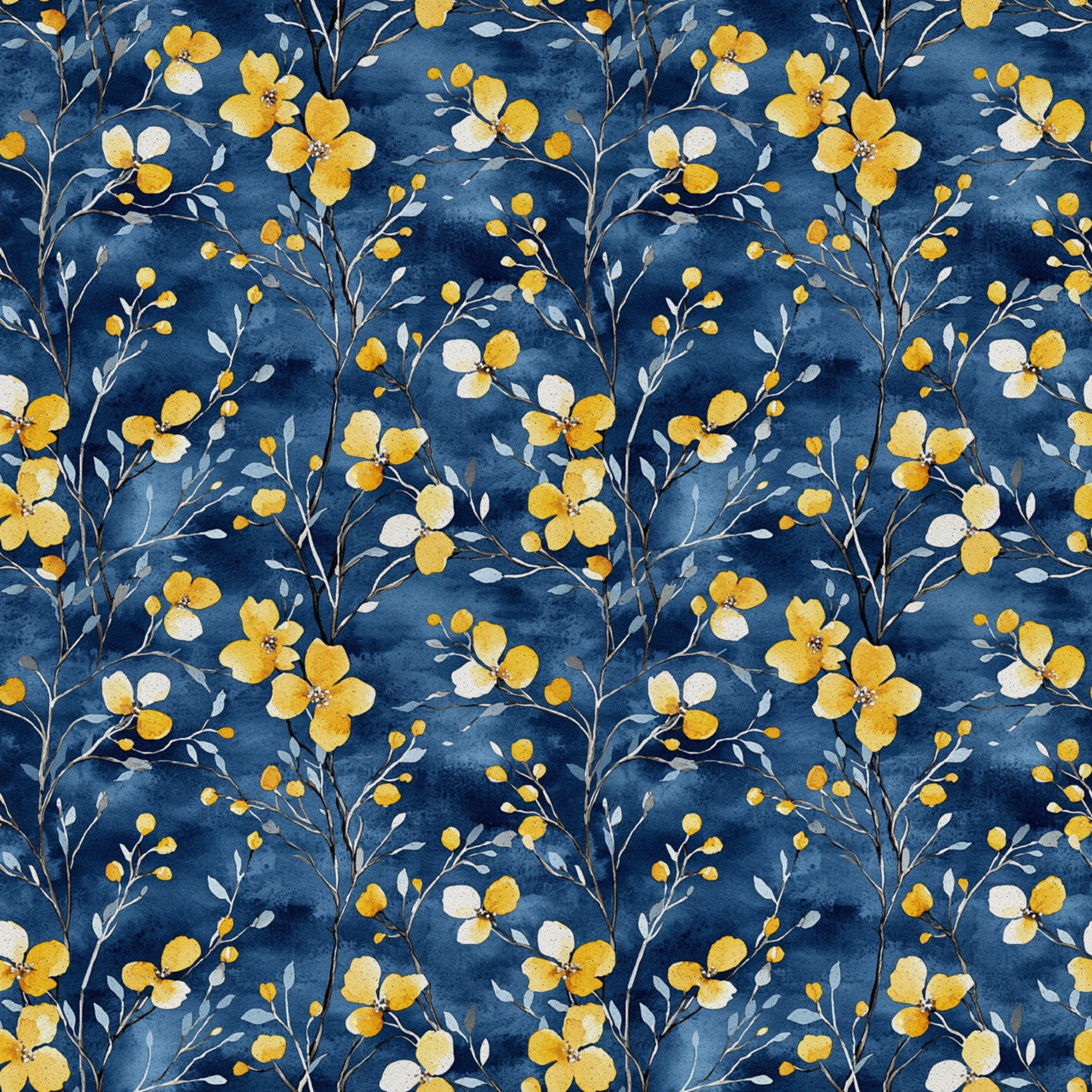 navy blue, golden yellow, cream white, watercolor florals, botanical pattern, delicate flowers, branching stems, small buds, flowing vines, repeating motif,, fabric panel, nature inspired, floral design, soft brushstrokes, elegant blooms, organic shapes, seamless pattern, crafting material, sewing fabric