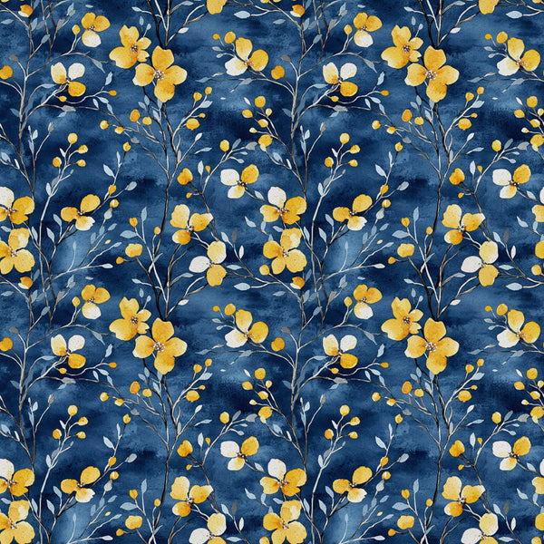 navy blue, golden yellow, cream white, watercolor florals, botanical pattern, delicate flowers, branching stems, small buds, flowing vines, repeating motif,, fabric panel, nature inspired, floral design, soft brushstrokes, elegant blooms, organic shapes, seamless pattern, crafting material, sewing fabric