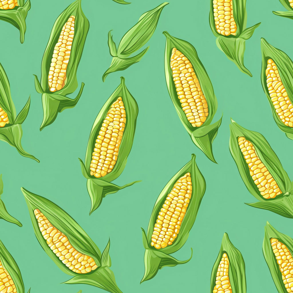 corn pattern, sweet corn, yellow kernels, green husks, sage green background, vegetable motif, farm fresh, harvest theme,, fabric panel, botanical design, kitchen theme, food illustration, summer produce, agricultural pattern, corn cobs, green leaves, golden yellow, repeating pattern, culinary fabric