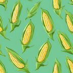 corn pattern, sweet corn, yellow kernels, green husks, sage green background, vegetable motif, farm fresh, harvest theme,, fabric panel, botanical design, kitchen theme, food illustration, summer produce, agricultural pattern, corn cobs, green leaves, golden yellow, repeating pattern, culinary fabric