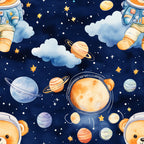 navy blue, orange teddy bears, space theme, astronaut bears, planets, stars, clouds, rocket ships, saturn rings, celestial bodies, watercolor style, whimsical illustration,, fabric panel, nursery theme, baby boy design, cosmic adventure, soft pastels, children's fabric, space exploration