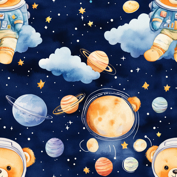 navy blue, orange teddy bears, space theme, astronaut bears, planets, stars, clouds, rocket ships, saturn rings, celestial bodies, watercolor style, whimsical illustration,, fabric panel, nursery theme, baby boy design, cosmic adventure, soft pastels, children's fabric, space exploration