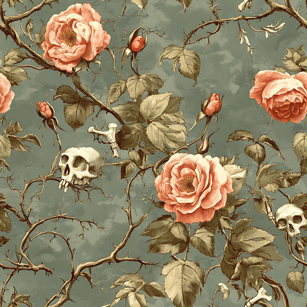 sage green, dusty rose, coral pink, cream white, brown thorns, vintage roses, skull motifs, thorny branches, gothic floral, romantic goth, botanical illustration, muted pastels,, fabric panel, rose buds, trailing vines, memento mori, antique style, soft grunge, nature gothic