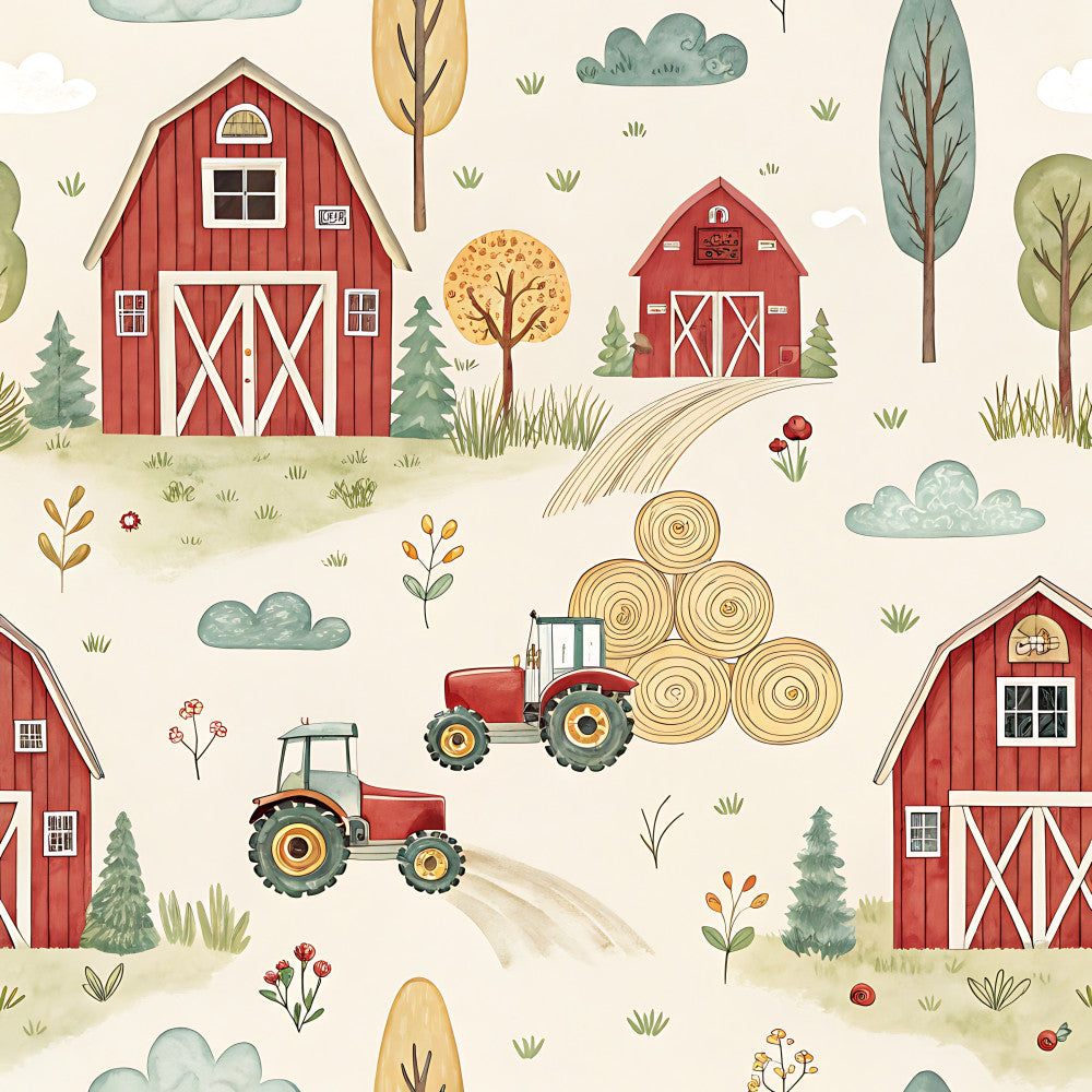 red barn, farmhouse, tractors, hay bales, rural, countryside, farm animals, pastoral, agricultural, cream, sage green, golden yellow, barn red, rustic, whimsical, vintage farm, children's, playroom, nursery, spring, summer, nature, trees, clouds, grass, flowers, toile, kid-friendly, cozy, charming