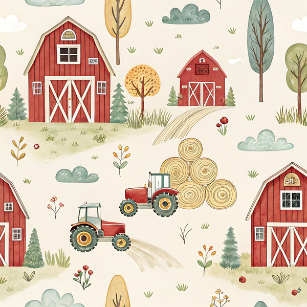 red barn, farmhouse, tractors, hay bales, rural, countryside, farm animals, pastoral, agricultural, cream, sage green, golden yellow, barn red, rustic, whimsical, vintage farm, children's, playroom, nursery, spring, summer, nature, trees, clouds, grass, flowers, toile, kid-friendly, cozy, charming