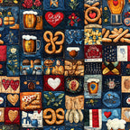 navy blue, cream, red, gold, orange, bavarian, german, beer, pretzels, hearts, flowers, floral, traditional, vintage, folk art, rustic, whimsical, cultural, festive, beer mugs, bread, baked goods, botanical, food themed, home decor, kitchen, cottage core, european, oktoberfest, playful