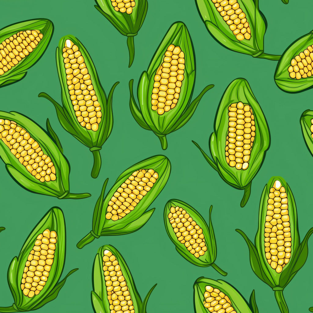 sweet corn, corn cobs, yellow kernels, green husks, emerald green background, vegetable pattern, food motif, harvest theme, autumn produce, scattered design,, fabric panel, botanical illustration, farm fresh, agricultural design, golden yellow, bright green, repeating pattern, kitchen theme, garden vegetables